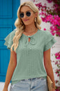 Eyelet Tie-Neck Flutter Sleeve Blouse