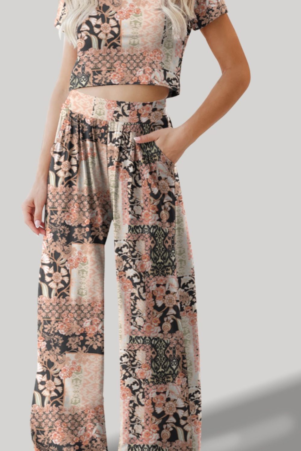 Printed Round Neck Short Sleeve Top and Pants Set