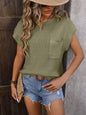 Pocketed Round Neck Cap Sleeve Sweater