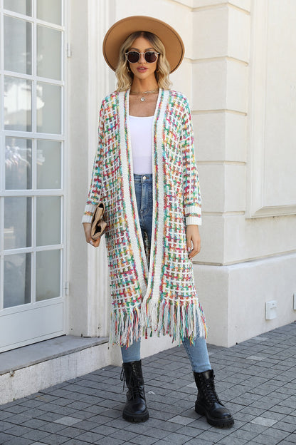 Multicolored Open Front Fringe Hem Cardigan