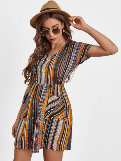 Pocketed Striped Short Sleeve Dress