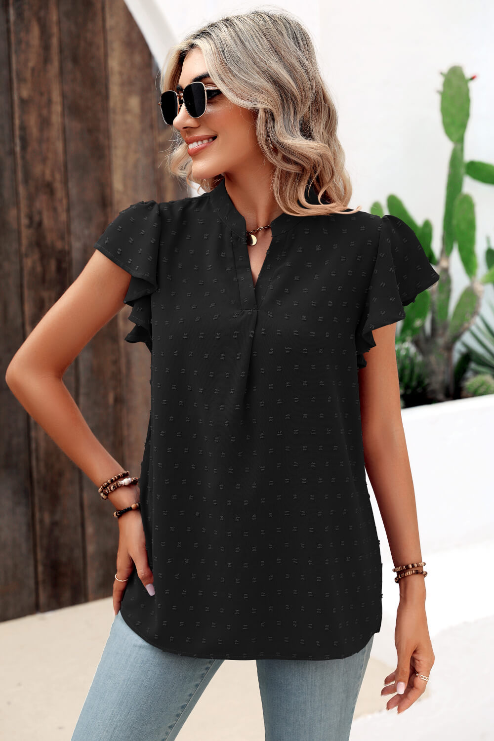 Swiss Dot Flutter Sleeve Notched Neck Blouse