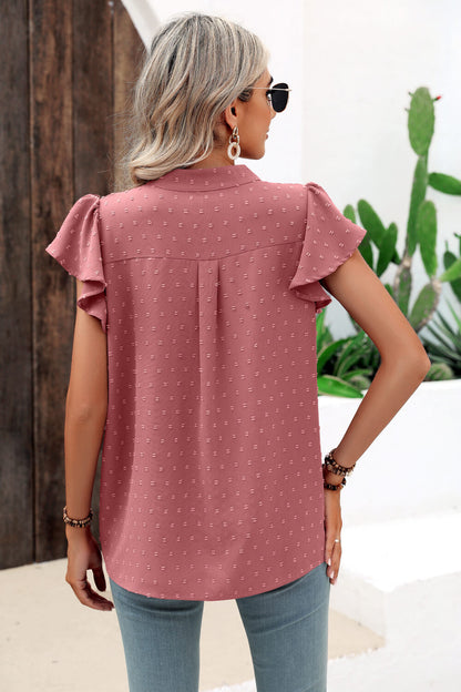 Swiss Dot Flutter Sleeve Notched Neck Blouse