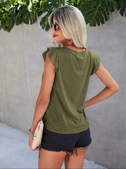 Ruffled Round Neck Cap Sleeve T-Shirt