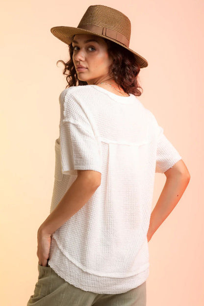 Waffle-Knit Notched Half Sleeve T-Shirt