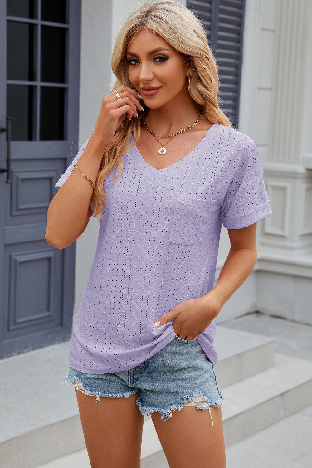 Eyelet V-Neck Short Sleeve T-Shirt