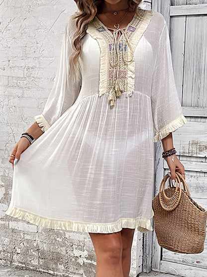 Fringe Tie Neck Three-Quarter Sleeve Cover Up