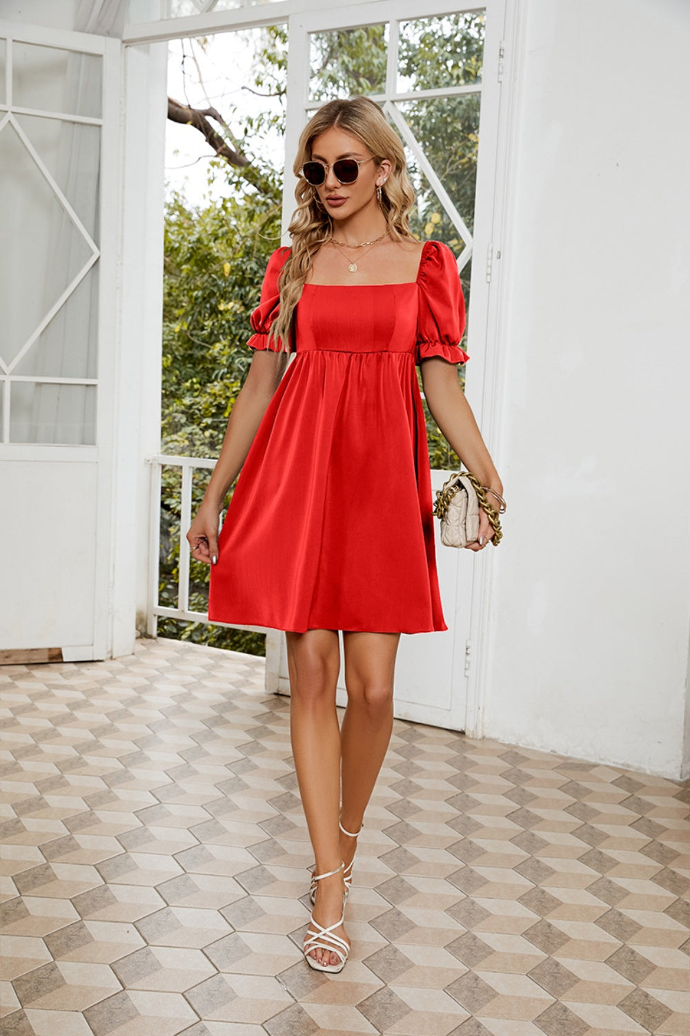 Ruched Square Neck Flounce Sleeve Mini Dress