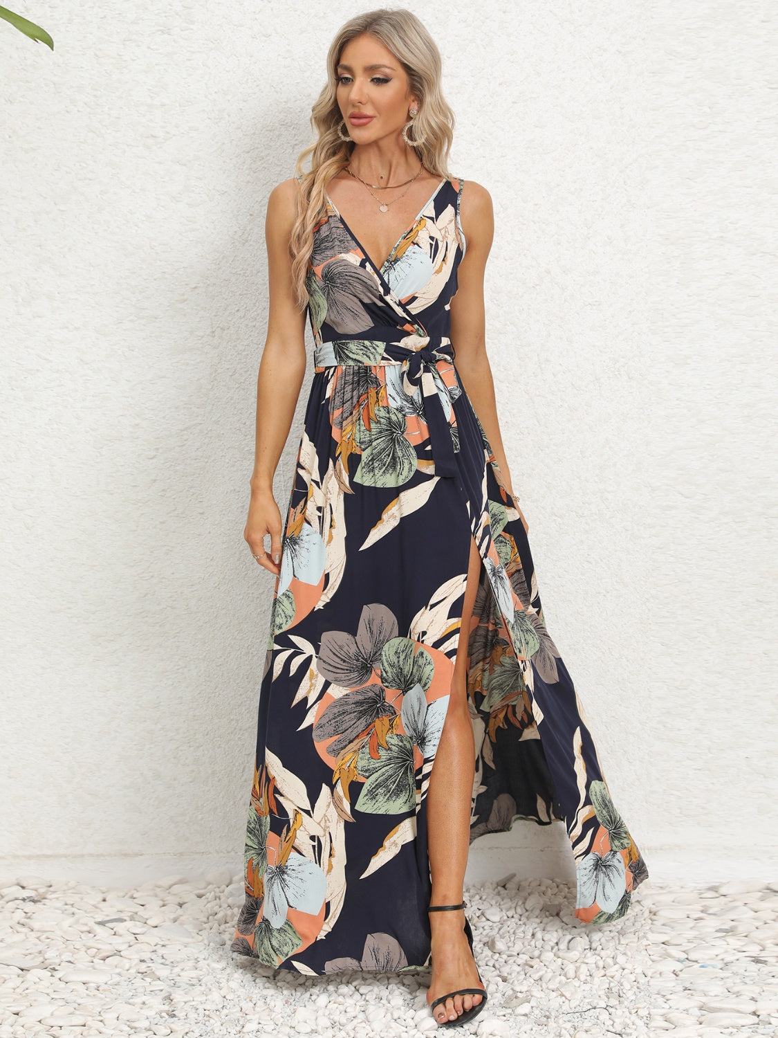 Slit Tied Printed Surplice Dress