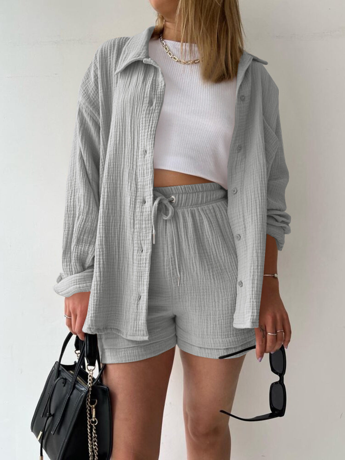 Texture Button Up Shirt and Drawstring Shorts Set