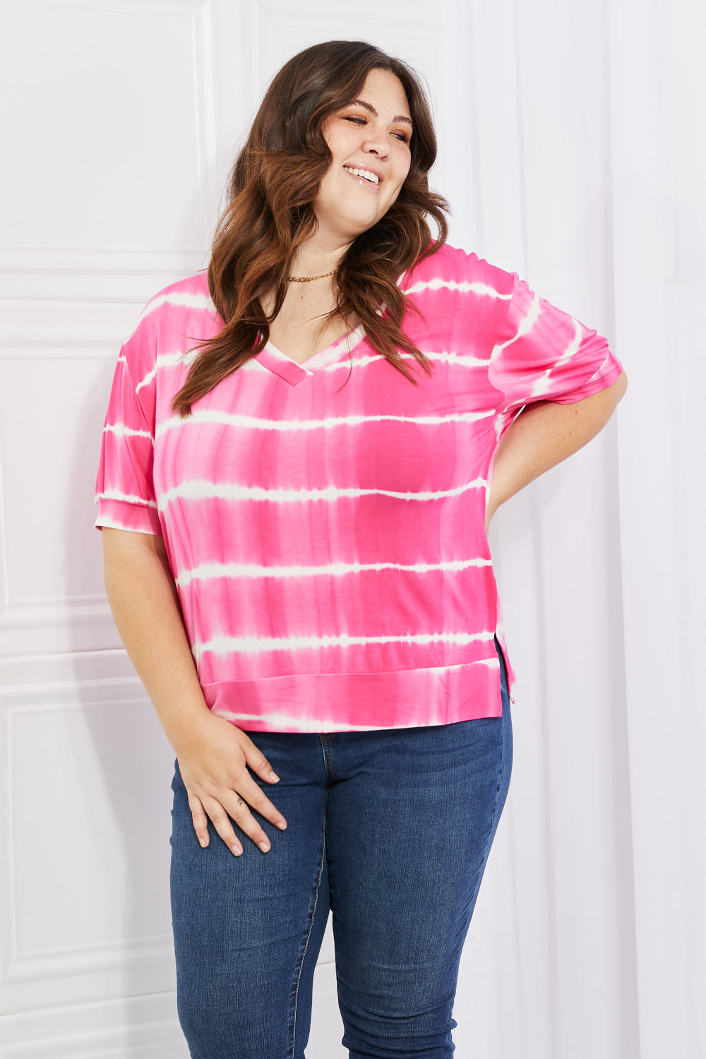 Yelete Full Size Oversized Fit V-Neck Striped Top