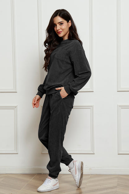 Corduroy Round Neck Sweatshirt and Sweatpants Set