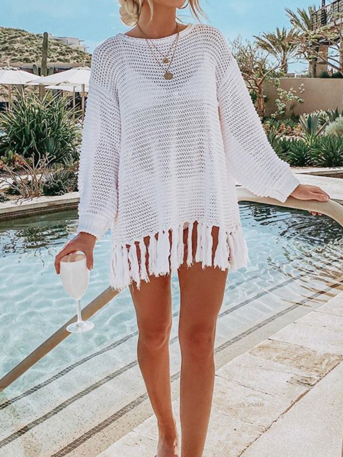 Openwork Tassel Hem Long Sleeve Knit Cover Up