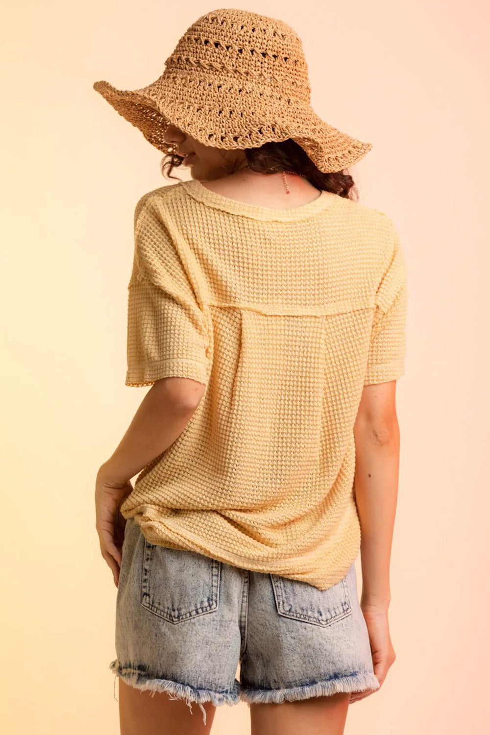 Waffle-Knit Notched Half Sleeve T-Shirt