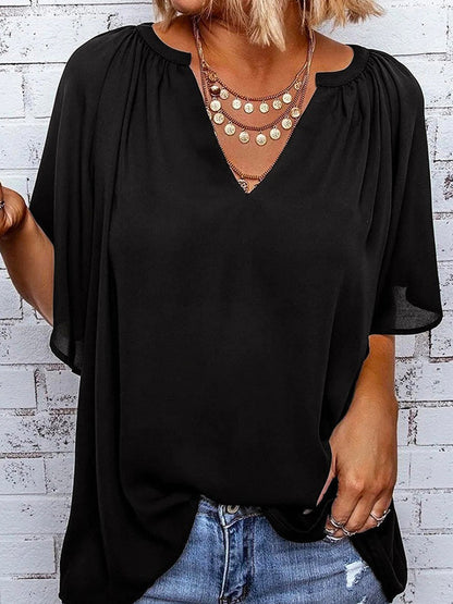 Ruched Notched Half Sleeve Blouse