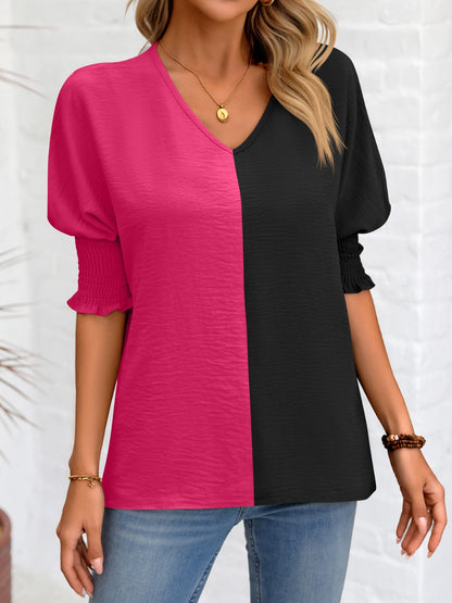 Contrast V-Neck Lantern Sleeve Blouse