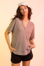 Waffle-Knit Notched Half Sleeve T-Shirt