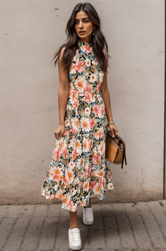 Printed Tiered Pocketed Mock Neck Midi Dress