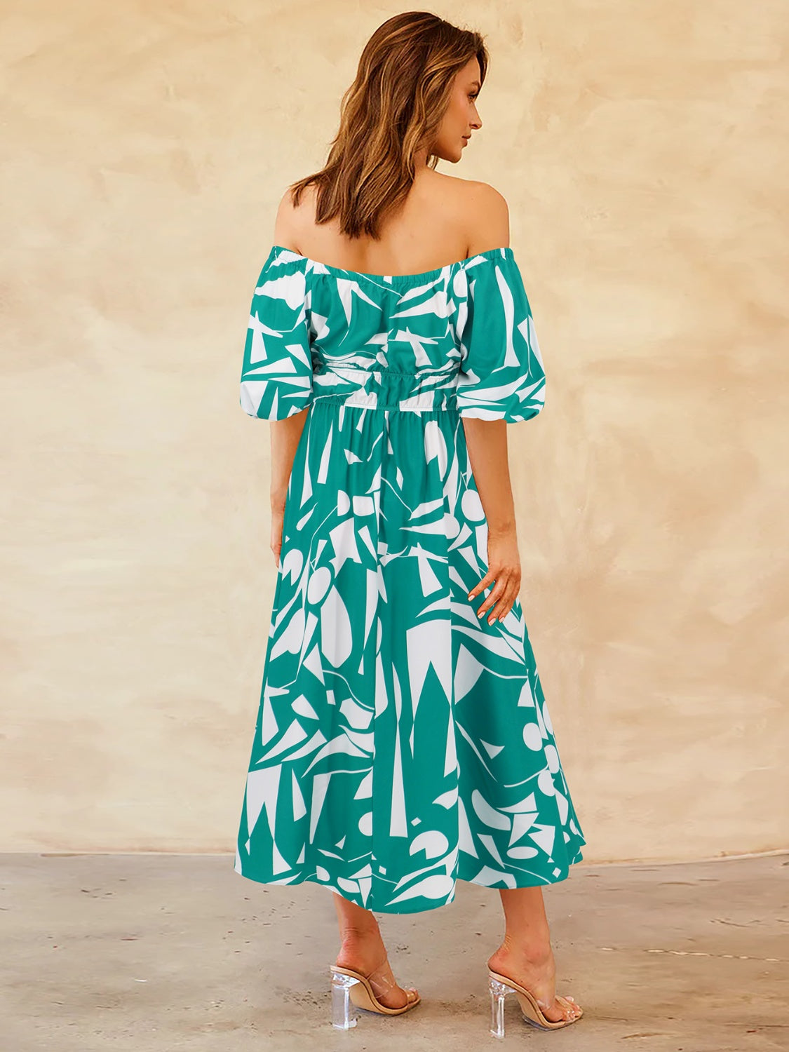 Printed Off-Shoulder Balloon Sleeve Dress