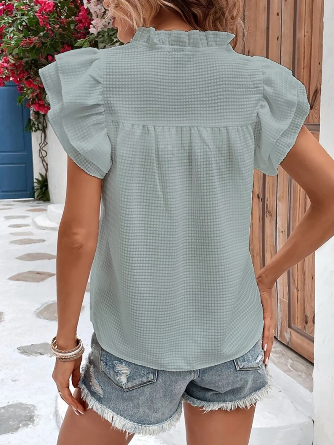 Ruffled Notched Cap Sleeve Blouse