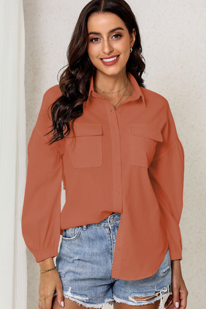 Pocketed Button Up Balloon Sleeve Shirt