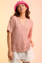 Waffle-Knit Notched Half Sleeve T-Shirt