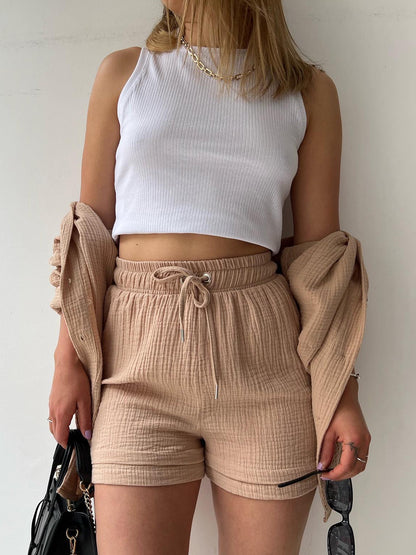 Texture Button Up Shirt and Drawstring Shorts Set