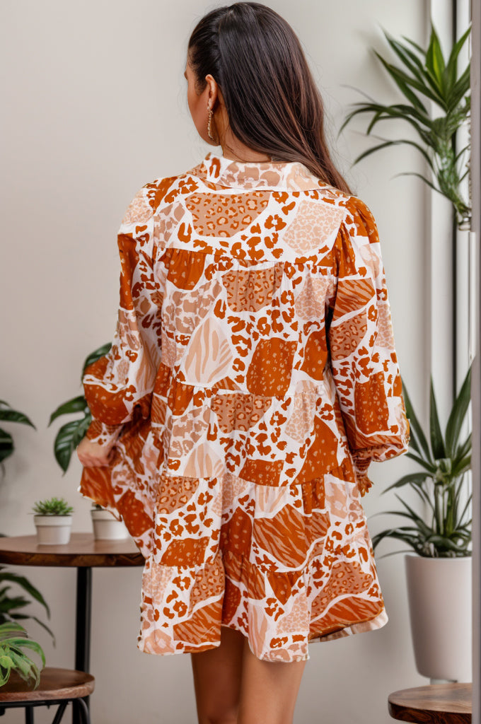 Printed Tiered Half Button Lantern Sleeve Mini Dress